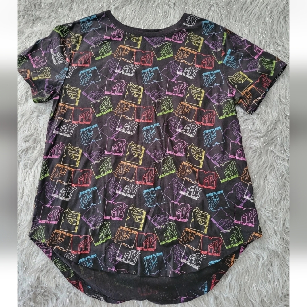 MTV Signature Logo Womens T Shirt Neon Rainbow Crew Neck Top Shirt Tail Hem L